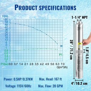Bomba Sumergible para Pozos Profundos de 0.5HP, 115V/60Hz, para Riego Agrícola, Flujo de 28gpm, Altura de Elevación de 167 pies, Cable Eléctrico de 33 pies, Acero Inoxidable de 4 Pulgadas - Product Image 2