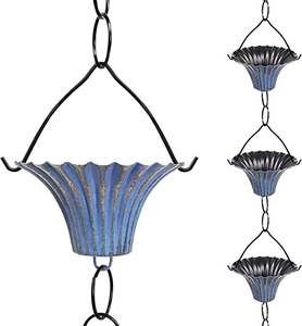 Cadena de lluvia artística con cuencos acanalados de pátina azul para decoración exterior de jardín de primera calidad - Product Image 1