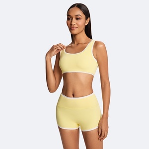 <b>Yellow</b> Stand Neck Convertible Straps Yoga Set Elastic Waist High Waist Shorts 2 Piece Activewear Breathable Seamless - Product Image 3