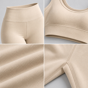 Ensemble de sport pour femme beige uni, col rond, avec soutien-gorge et leggings, ourlet côtelé, tenue de yoga taille haute, séchage rapide, sans couture, fabricant OEM - Product Image 4