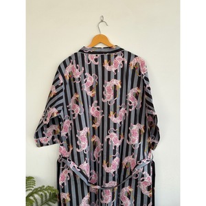 Printed <b>Animal</b> <b>Pattern</b> Breathable V-neck Belt Kimono Robe Maxi Length Loose Fit Long Sleeve 100% Cotton 300g <b>Knitted</b> Cover-Up - Product Image 4