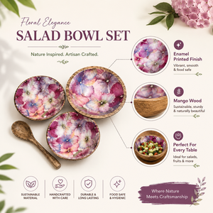 Ensemble de saladiers en bois de manguier imprimé émail floral de luxe, bols de service artisanaux de qualité supérieure, sans danger pour les aliments, décoratifs pour la cuisine et la salle à manger - Product Image 5