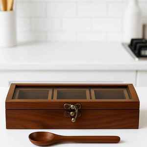 Premium Wooden Spice Storage <b>Box</b> with Three Compartments Transparent Cover and Secure Clasp for Kitchen Masala Organization <b>Box</b> - Product Image 5