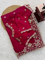 Sari en soie Fendy de créateur, broderie de perles lourdes, gaufré, rouge, pour mariage/soirée été/hiver, séchage rapide, chemisier non cousu pour femme