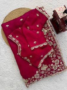 Designer Fendy Saree Heavy Beads Embroidery <b>Red</b> Summer/Winter Wedding Party Wear Quick Dry Unstitched Blouse Women - Product Image 6