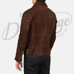 Veste de motard en cuir suédé marron pour homme, manches côtelées matelassées, véritable peau de mouton, coupe ajustée, automne-hiver - Product Image 2