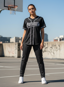 Ensemble de maillot de baseball pour femmes Styliro, pantalon rayé noir, manches courtes, boutons sur le devant, polyester respirant, uniforme adulte toutes saisons - Product Image 2