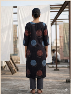 Kurti en coton imprimé pour femmes, noir, col en V, manches trois quarts, coupe droite, tunique ethnique décontractée, tenue confortable pour tous les jours - Product Image 3