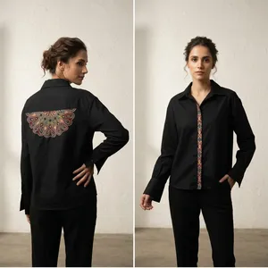 Conjunto de Camisa y Pantalones Bordados Negros para Mujer, Manga Larga, Cuello con Solapa, Puños Decorativos, Diseño Elegante, Ropa Casual de Oficina - Product Image 4