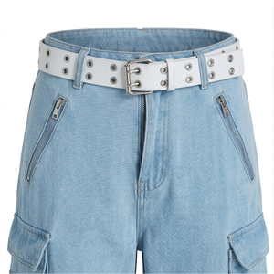 Pantalones Cargo de Mezclilla Ecológicos con Corte Boot Cut para Hombre, con Cinturón Blanco, Multibolsillos, Estilo Hip Hop, Holgados, con Botones - Product Image 4