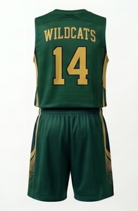 Conjunto de camiseta de baloncesto Wildcats para hombre, verde y dorado, sublimado, cuello en V, sin mangas, absorbe la humedad, ajuste atlético, pantalones cortos con cordón - Product Image 3