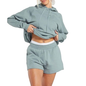 Wholesale Solid <b>Colour</b> Light Wight Quick Dry New Design Comfortable Women Summer Wear Hoodie And Shorts <b>Set</b> - Product Image 4