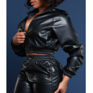 Blouson Bomber Noir en PU pour Femme, Coupe Slim, Fermeture Éclair, Col Rabattu, Manches Lanterne, Style Streetwear, Couleur Unie Automne - Product Image 4
