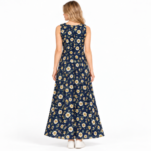 Robe longue décontractée d'été pour femme, bleu marine, à motif floral, sans manches, col rond, coupe trapèze – Fournisseurs de vêtements de mode en gros OEM ODM - Product Image 3