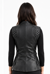เสื้อกั๊กหนังสำหรับผู้หญิง ทรงมอเตอร์ไซค์ คอวี ปิดด้วยซิป - Product Image 4