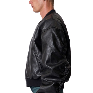 Blouson Bomber Homme Noir en Cuir Véritable Surdimensionné, Épaules Tombantes, Col, Poignets et Ourlet Côtelés, Fermeture Éclair Avant, Vêtement d'Extérieur Tendance Premium OEM - Product Image 4