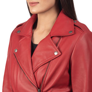 Blouson de motard unisexe tendance en cuir véritable rouge, style vintage, coupe ample, fermeture éclair asymétrique, mode moto, vente en gros OEM - Product Image 6