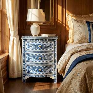 Handmade <b>Blue</b> White Floral Inlay Nightstand With 3 Drawers Traditional Bedroom Furniture Antique Style Wooden Storage Cabinet - Product Image 4