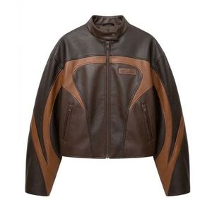 Custom High Quality Cowhide Leather Jacket Racing Tan Panel Stand Neck Zipper Front Windproof Long Sleeves <b>Women</b> <b>Coats</b> - Product Image 1