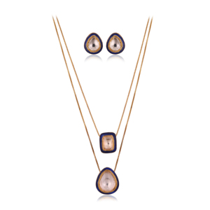 Conjunto de Collar con Colgante Clásico Hecho a Mano con Baño de Oro de 18K y Azul Meenakari, y Pendientes a Juego, Joyería de Plata al por Mayor - Product Image 1