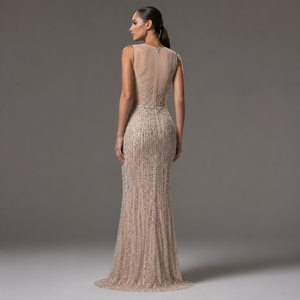Robe de soirée sirène luxueuse en perles couleur nude |   Robe de soirée longue sans manches ornée de détails |   Fournisseur en gros de marques privées OEM en Inde - Product Image 2