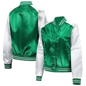 Meilleure Veste de Baseball Varsity Personnalisée en Satin Fin Vert et Argenté, Broderie Lettrée pour Lycée, Vente en Gros - Product Image 1