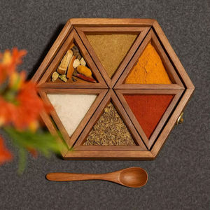 Traditional Wooden Masala Dabba with Geometric Multi Compartment Design Hinged Lid for Organized Spice and Seasoning Storage <b>Box</b> - Product Image 6