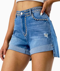 Shorts de Mezclilla para Mujer, Cintura Alta, con Pedrería, Lavado Azul, Cierre de Botones, Personalizados - Product Image 1