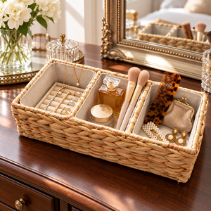 Plateau de rangement personnalisable en jacinthe d'eau avec 3 compartiments et doublure en tissu pour bijoux et cosmétiques – Vente en gros - Product Image 6