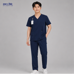 Conjunto de uniforme médico antiarrugas para hombre, color azul marino, cuello en V, manga corta, tela tejida de algodón y poliéster - Product Image 3