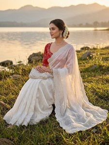 Sari Royal Fendy Sartin scintillant avec une magnifique bordure artisanale du Jharkhand et un chemisier à motif contrastant rouge sur le col - Product Image 5