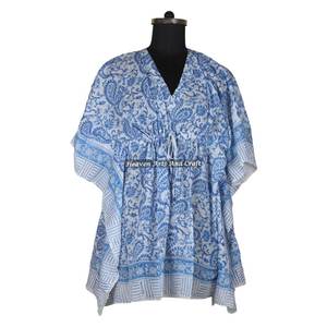100% Cotton Women Sleepwear Hand Block Printed Kaftan Dress KFCS165 Light Weight Women Casual Occasion Wear Short Caftan Dress - Product Image 4