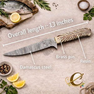 NEW FRIENDS INDUSTRIES Couteau à filet en acier Damas forgé à la main, manche en forme de cône de pin, lame de 8 pouces, design ambidextre - Meilleur couteau de cuisine - Product Image 4