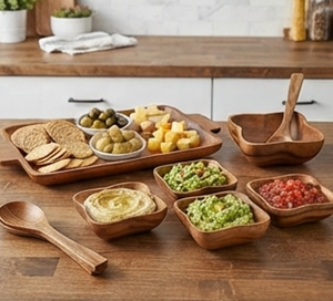 Service de table en bois de qualité supérieure avec bols et plateau de forme irrégulière, design minimaliste, durable, compatible lave-vaisselle, pour usage quotidien - Product Image 6
