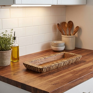 Food Grade Suar Wood With Dark Coconut <b>Shell</b> Inlay Medium Square Serving Tray <b>Light</b> Brown Thirty Two And Twenty Three Centimeter - Product Image 4
