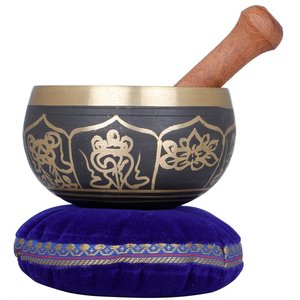 Cuenco para cantar Ashtamangala negro dorado de 4 pulgadas en latón novedoso y creativo decoración del hogar para regalar hecho en La India - Product Image 1