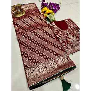 DISEÑADOR DOLA SEDA ZARO TRABAJO DE TEJIDO SAREE CON BLUSA DESCOTIZADA MAROON - Product Image 1