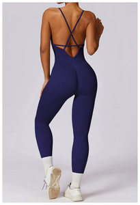Combinaison de yoga pour femme, taille haute, bleu uni, sans manches, dos nu, effet push-up, bretelles spaghetti, coupe ajustée - Product Image 2