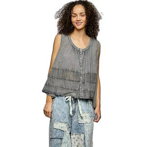 Camiseta sin mangas con cuello redondo y botones POL con contraste de crochet - Product Image 1