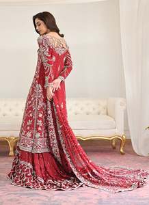 Conjunto de Lehenga de Boda Rojo Bordado, Largo hasta el Suelo, Corte en A, con Botones en la Espalda, para Mujer, Estilo Pakistaní - Product Image 2