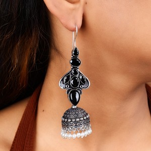 Long <b>Black</b> Onyx <b>Dangle</b> Bollywood Jhumka <b>Earrings</b> Oxidized Silver Party Jewelry - Product Image 2
