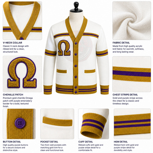 เสื้อคาร์ดิแกนถักลายตัวอักษรกรีกแบบโอเมก้า สไตล์พรีปปี้ แขนยาว สีขาว ทอง ม่วง ปักลาย สำหรับผู้ชายและผู้หญิง - Product Image 5