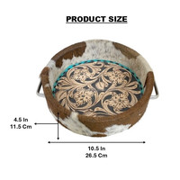 Plateau de présentation en cuir de vachette de style occidental, rond, de style campagnard, grand, avec surpiqûres turquoise et motif floral