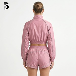 Custom Logo Private Label Activewear Women 2 Piece <b>Set</b> Reflective Piping Cropped Windbreaker Jacket and High Waist Drawstring - Product Image 2