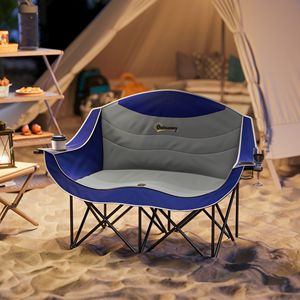 Chaise de camping pliable bleue pour adulte avec accoudoirs rembourrés et porte-gobelets, mobilier de camping double avec sac de transport pour usage extérieur - Product Image 1