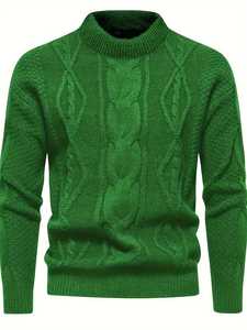 Pull en maille torsadée vert vif pour homme, col rond décontracté, coupe ajustée, texturé, chaud pour l'automne et l'hiver, tricot de mode masculine - Product Image 3