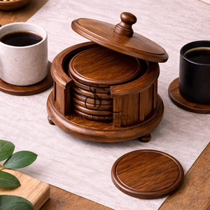 Luxury Round Shape Sheesham Wooden Coaster Set With <b>Box</b> Lid Holder. High Quality Antique Style Drink Mats For <b>Coffee</b> <b>Tables</b> - Product Image 6