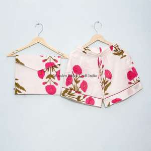 Hermoso y elegante conjunto de pijama corto de algodón hecho a mano en India, con estampado digital vintage, suave, para dormir, para mujer, primavera-verano - Product Image 2