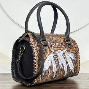 Custom Hand Tooled Leather Bull Skull Tribal Art Designer Handbag Medium Cow Leather Weekender Unisex Speedy Duffle <b>Travel</b> <b>Bag</b> - Product Image 4
