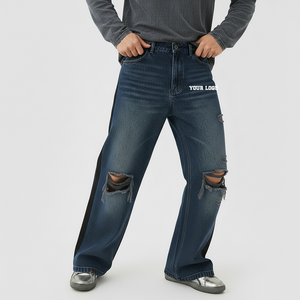 กางเกงยีนส์เดนิมปักลายระบายอากาศได้ดี เอวกลาง น้ำหนักปานกลาง สไตล์ลำลองสำหรับผู้ชาย คุณภาพสูง ขาดๆ แบบมีสไตล์  โลโก้สั่งทำได้ ซักสโตนวอช สไตล์ฮิปฮอป - Product Image 5